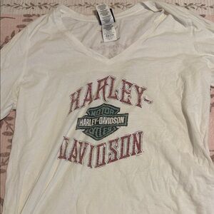 Harley-Davidson White V-Neck Tee with Red and Green Logo